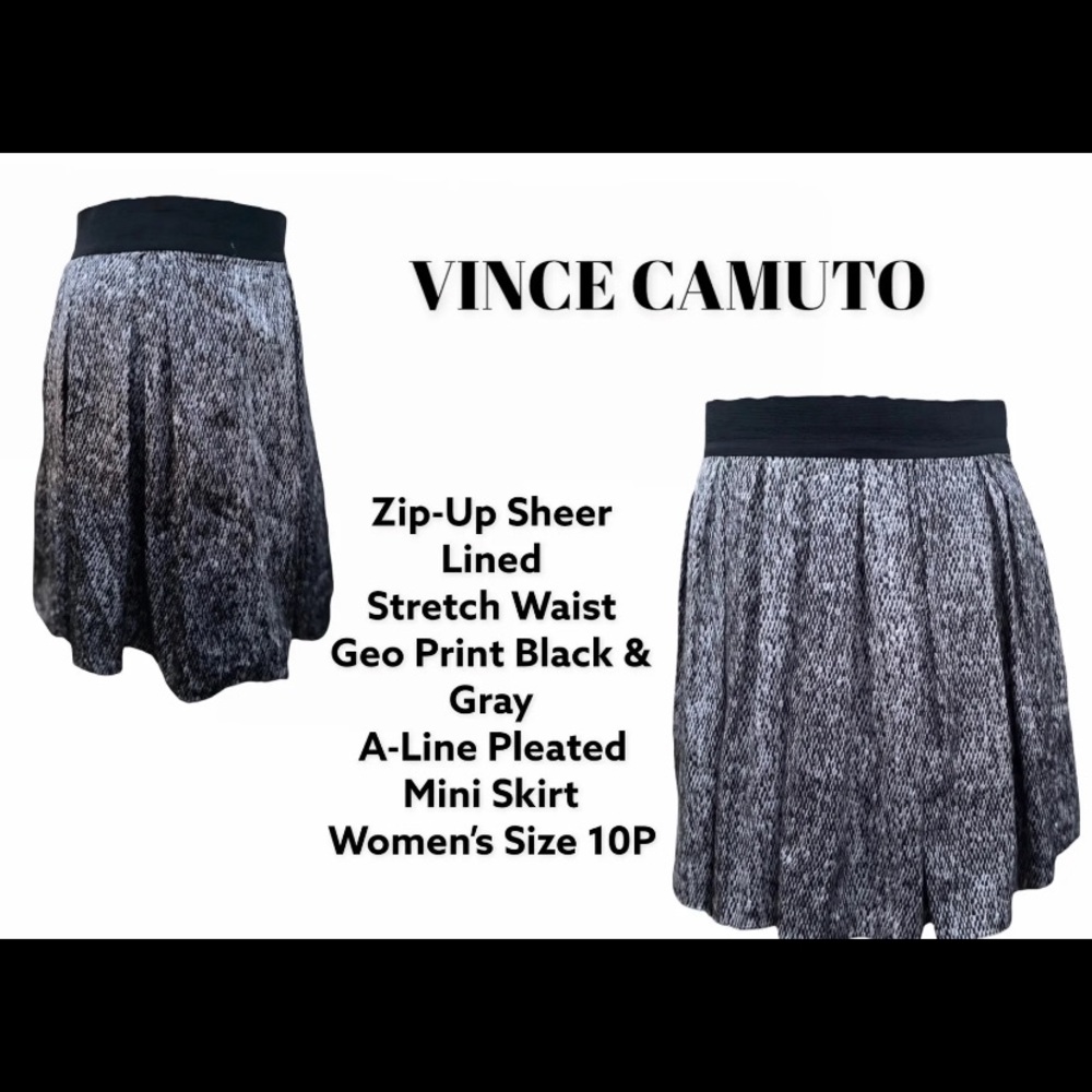VINCE CAMUTO Lined Geo Print Gray/Black Pleated ALine Mini Skirt Women’s 10P